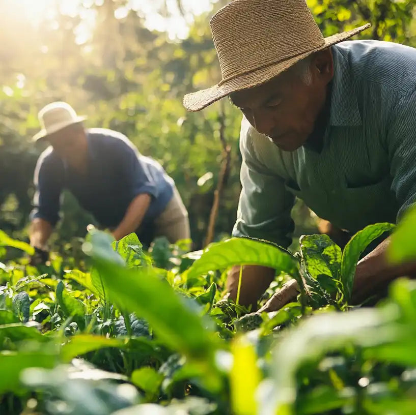 Farmers tending crops.