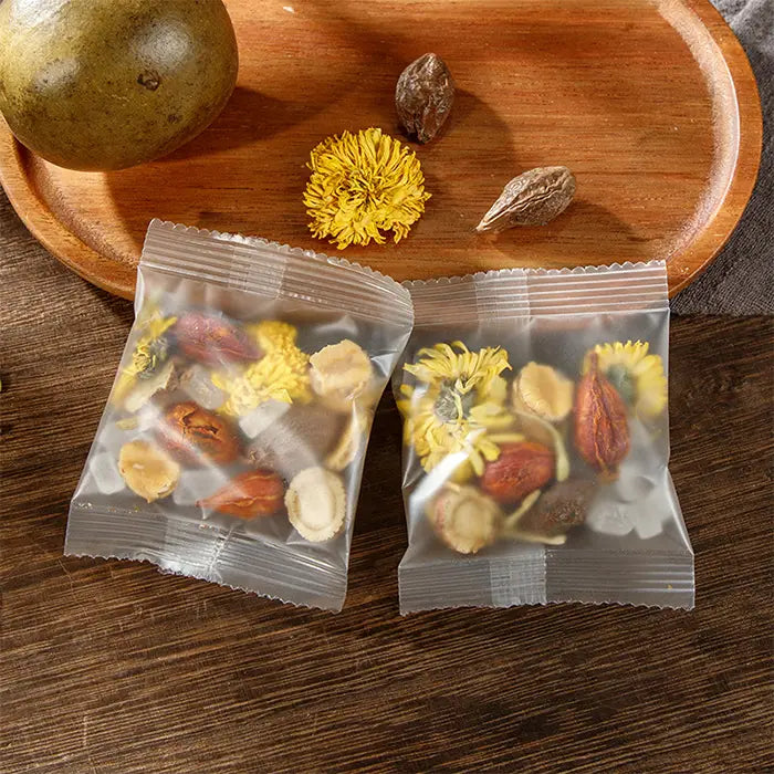 Packaged herbal tea ingredients with Siraitia Grosvenorii and Boat-Fruited Sterculia for cough relief