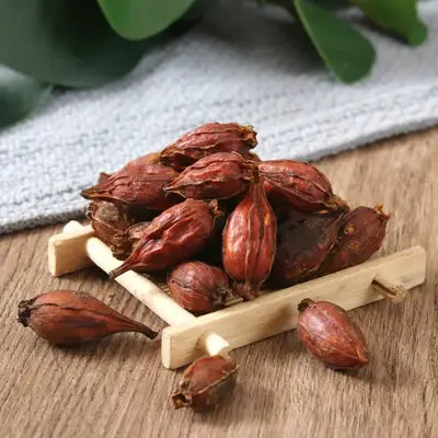 Pile of dried reddish-brown gardenia fruits in herbal tea supporting detoxification processes