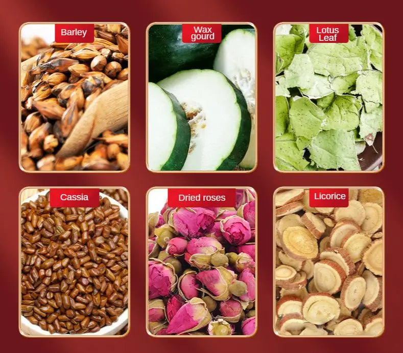 Collage of dried herbs for slimming tea and health-enhancing herbal tea product
