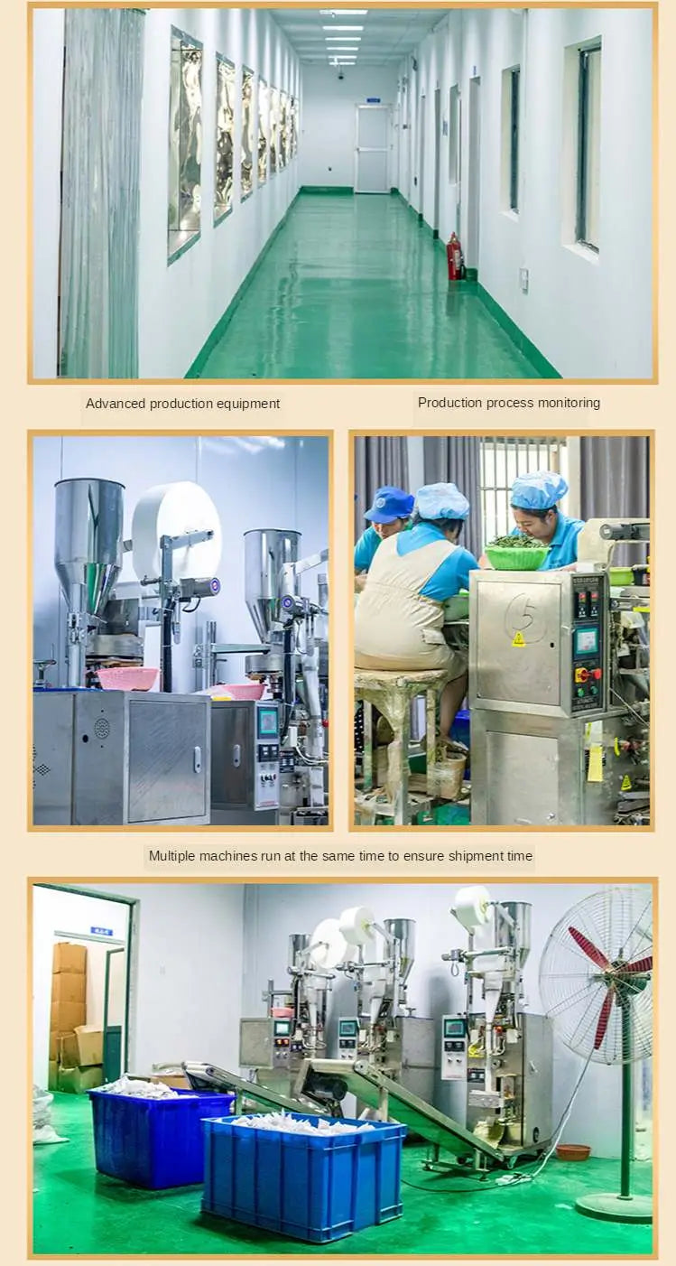 Manufacturing facility showcasing production equipment for slimming tea and herbal tea health products