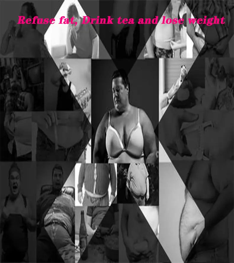 Collage of overweight bodies promoting Slimming Tea and herbal tea health benefits