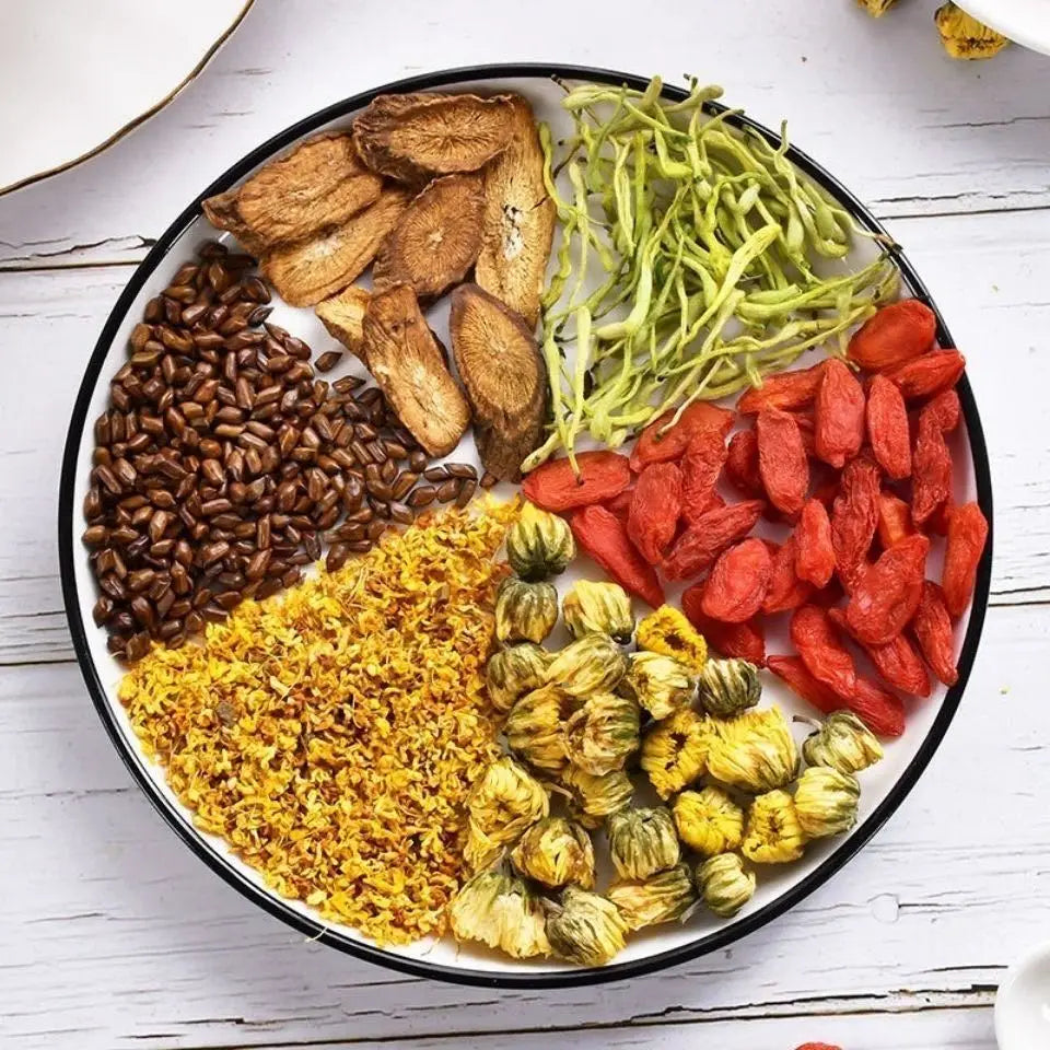 Assorted dried medicinal herbs for Liver Detox containing Chrysanthemum and Cassia Seed