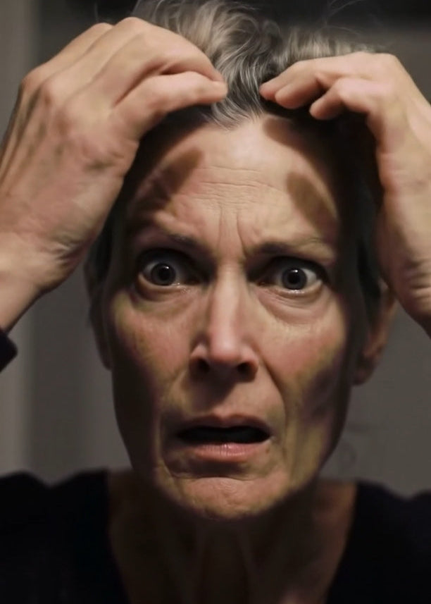 Distressed woman with hands in hair, highlighting natural progesterone tea for menstrual cramps relief