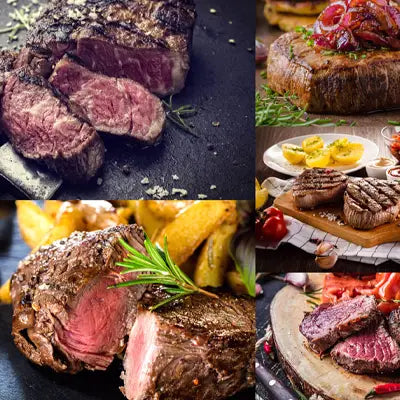 Assorted grilled steaks with Gout Tea herbal tea showcasing poria cocos antioxidant properties