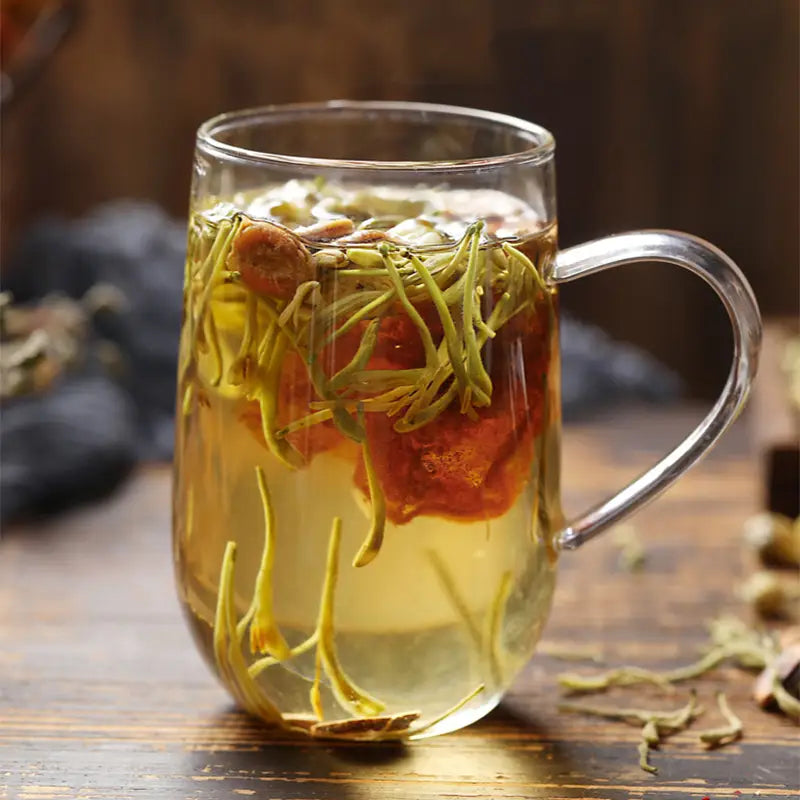 Glass mug filled with Lung Tea Herbal Tea featuring Siraitia Grosvenorii and Boat-Fruited Sterculia for cough relief