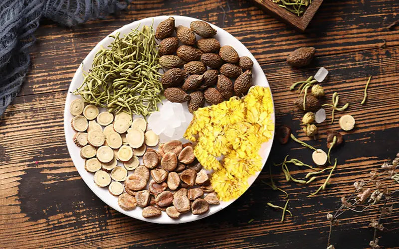 Assorted dried herbal ingredients including siraitia grosvenorii and boat-fruited sterculia for cough relief in Lung Tea Health-Enhancing Herbal Tea