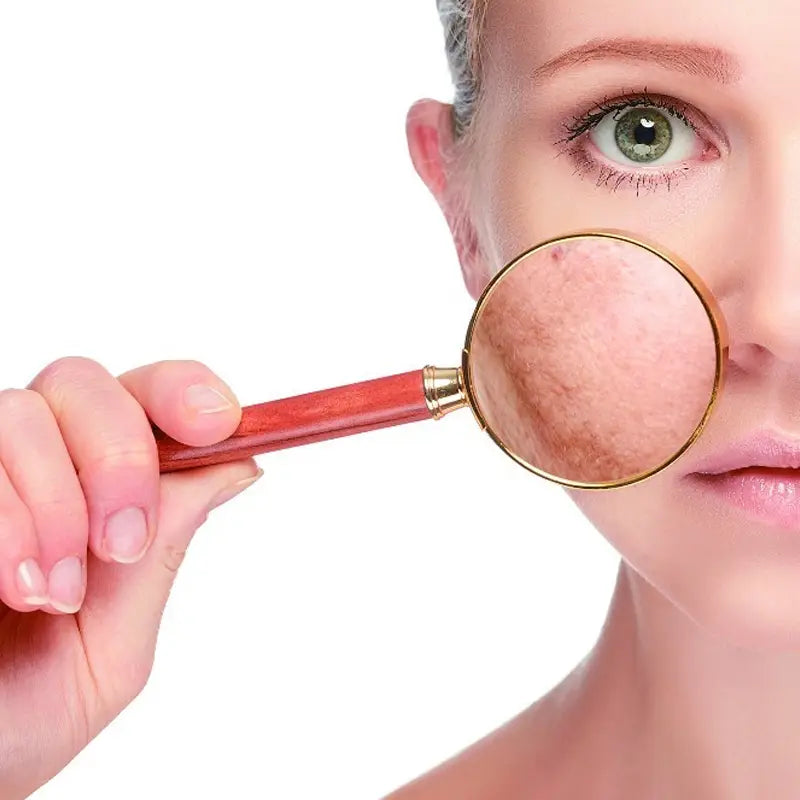 Woman’s face with magnifying glass promoting intestinal motility in Slimming Tea Herbal Tea