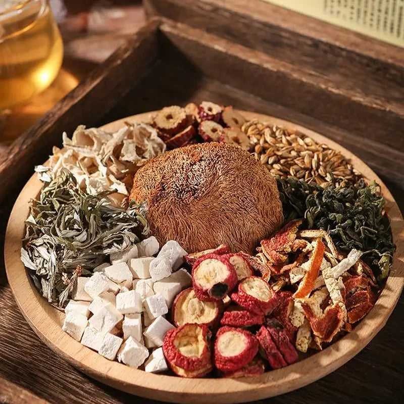 Assorted dried medicinal ingredients for herbal tea to support stomach health during golden hour