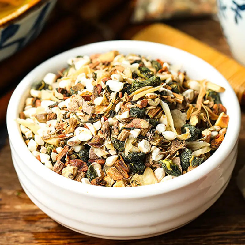 Bowl of dried herbs with poria cocos for herbal tea with antioxidant properties