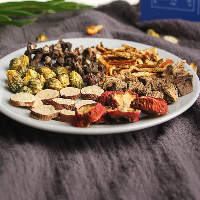 Assorted dried medicinal herbs including Hovenia Dulcis Thunb and Tangerine Peel with Volatile Oils for herbal tea