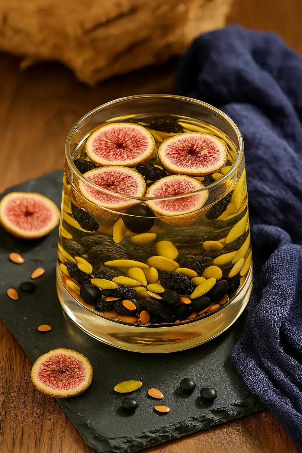 Feigen-infudierter natürlicher Progesteron-Tee mit Samen und Fruchtscheiben zur Linderung von Regelschmerzen