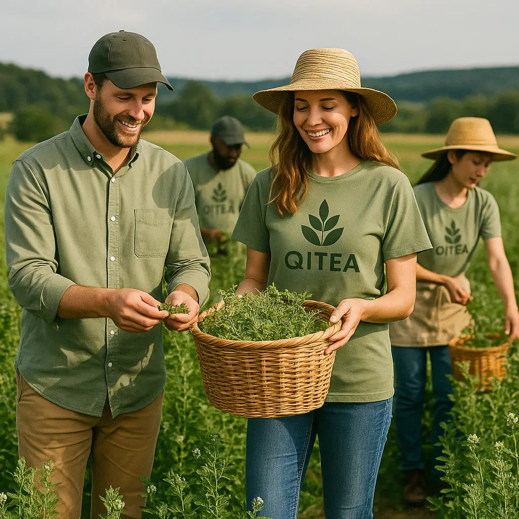 People harvesting herbs for traditional herbal medicine on About Us page with health consultants