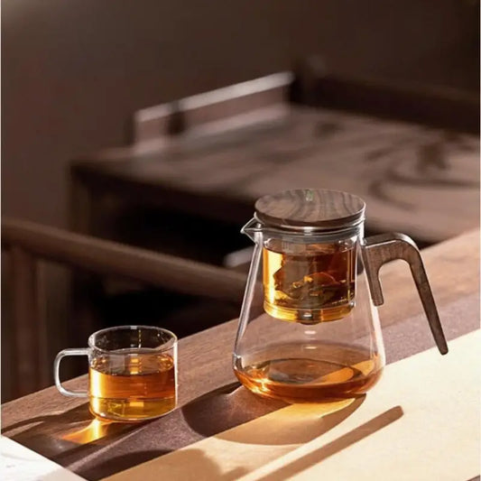 Enchanti Tea Pot with Infusers for Loose Tea, 800ml/27.1oz Magic Teapot Infuser Pot, Water Separation Glass Teapot with Wooden Handle - QiTea