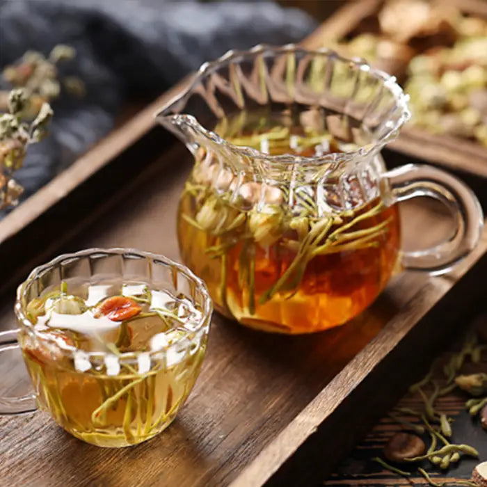 Glass tea set with herbal infusion featuring Siraitia Grosvenorii and Boat-Fruited Sterculia for cough relief