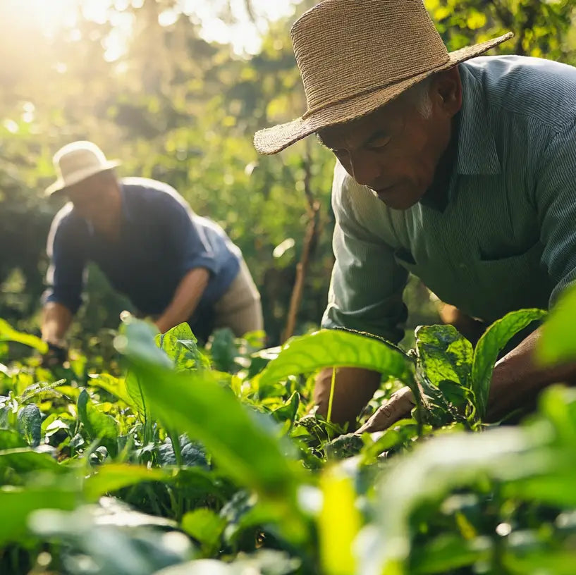 Farmers tending crops for traditional herbal medicine and modern nutrition insights