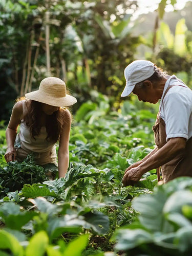 Two gardeners tending crops.